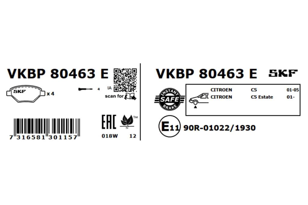 Jeu de 4 plaquettes de frein SKF ref. VKBP 80463 E